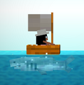 A blockhead rides a boat over a shark